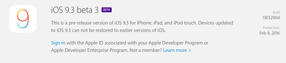 iOS 9.3 beta 3 yayinlandi
